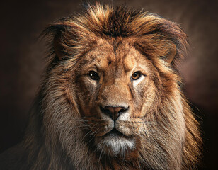 Obraz premium A majestic close-up portrait of a lion with a detailed mane and intense gaze, set against a dark, blurred background, highlighting the lion's regal and powerful presence