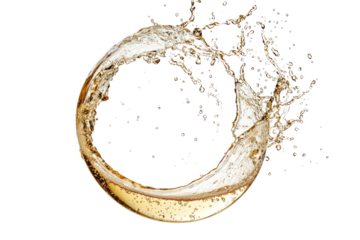 A circular champagne splash, sparkling and forming a delicate breeze in mid-air, on a white background