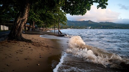A photograph of a tsunami wave crashing onto a beach.