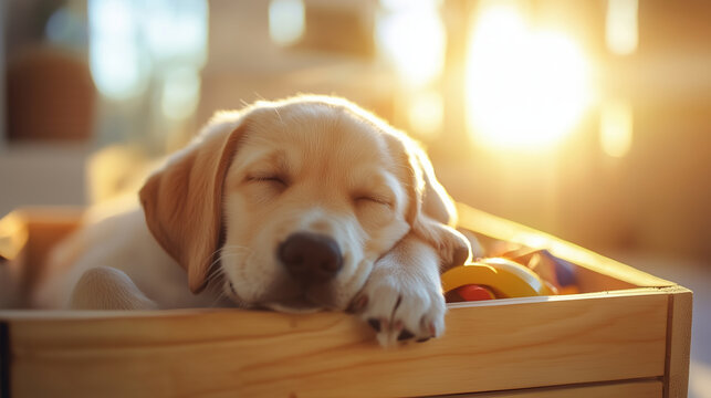Labrador puppy sleeping in wooden box at sunrise. Pet and lifestyle content - Powered by Adobe