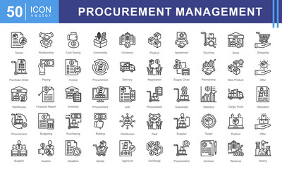 Procurement Management icon collection set. Containing supplier, sourcing, purchasing, negotiation, contract, business, purchase order icon. Ideal for business, logistics, and corporate needs.
