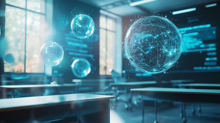 Obraz premium A futuristic classroom with students engaging in quantum mechanics lessons, using augmented reality to view holographic particles floating in mid-air, bringing abstract concepts to life.