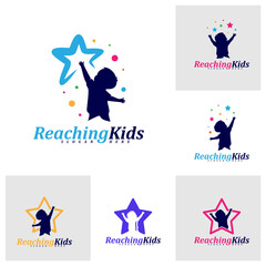 Set of Child reaching stars logo design concept vector. Reaching Stars Logo Design Template. Dream star logo. Creative Symbol. Icon