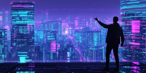 Futuristic Business Success: Abstract 3D Illustration of Executives Celebrating in Modern Cityscape. High-Tech Blue-Purple Lines, Skyscrapers, and Speed Elements for 2025 New Year Campaign. AI-Generat
