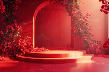 Elegant Red Floral Setup with Arch and Stairs for Presentation