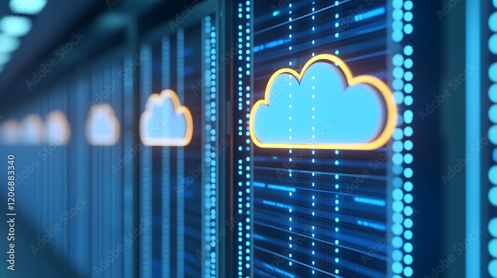 Poster digital cloud storage network with data center servers and cloud icons symbolizing data management s