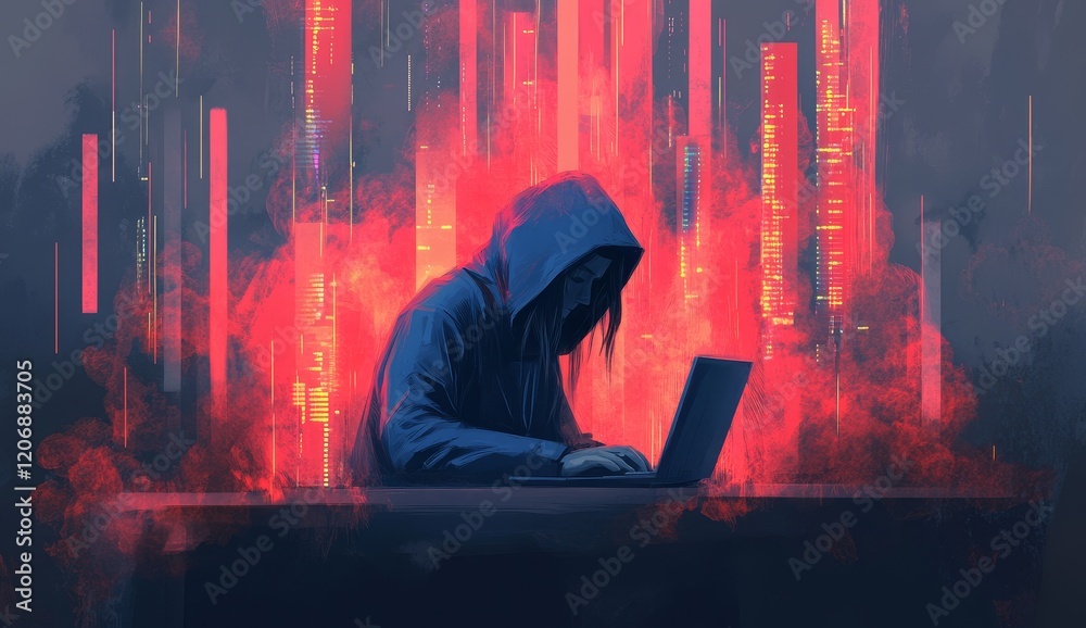Poster hooded figure hacking at laptop with fiery digital background.