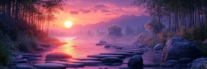 Fototapeta premium Serene Sunset River Landscape: A Magical Misty Evening by the Water