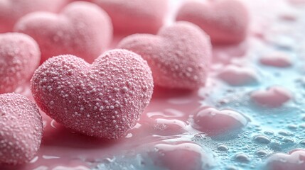 Fototapeta premium Scattered artfully on a pastel pink background, a collection of pink hearts creates a soft romantic vibe.