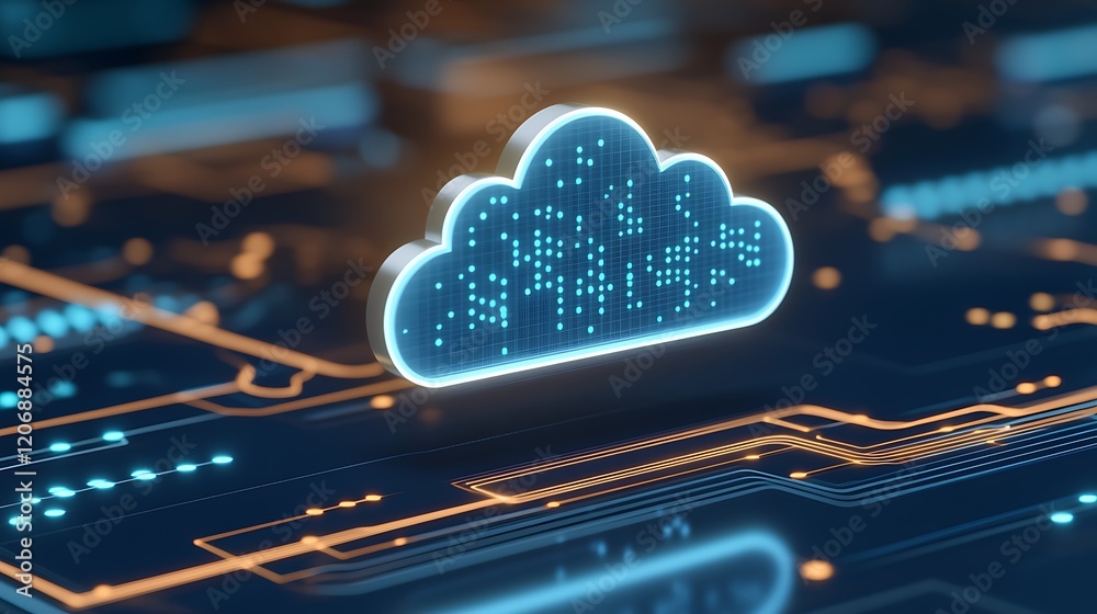 Poster digital cloud technology concept with circuit board background and glowing data elements in modern d