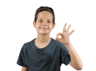 Smiling child boy showing okay sign isolated over transparent background. PNG transparent.