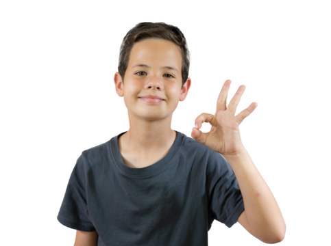 Smiling child boy showing okay sign isolated over transparent background. PNG transparent.