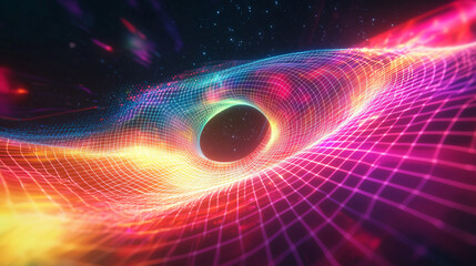 A visualization of quantum field theory in curved spacetime, with colorful energy grids bending around a massive celestial body, illustrating the effects of gravity on quantum fields.
