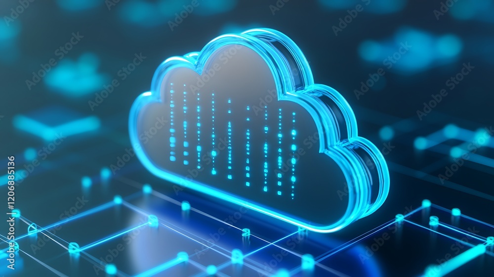 Poster digital cloud technology concept with floating binary code and network connections in blue neon styl