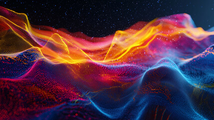 Obraz premium A visualization of quantum field theory in curved spacetime, with colorful energy grids bending around a massive celestial body, illustrating the effects of gravity on quantum fields.