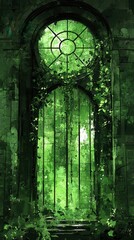 Fototapeta premium A celestial canyon carved by glowing rivers of molten crystal. Radiant vines drape down from towering cliffs, and ancient glyphs pulse softly on the canyon walls, reflecting the light of a swirling 