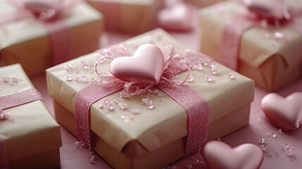 A delicate composition featuring heart shapes and gift boxes placed on a pastel pink surface, creating a romantic ambiance.