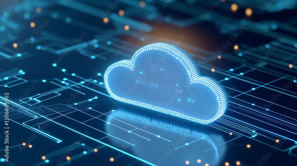 Poster digital cloud technology concept with neon lights and circuit patterns in a futuristic design