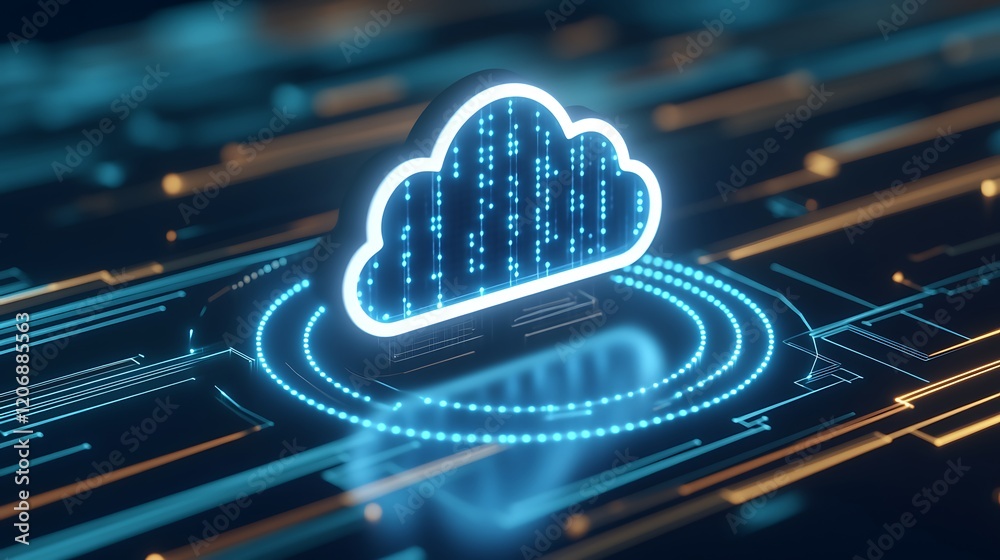 Poster digital cloud technology concept with neon lights and data flow representations in futuristic settin