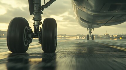 Close-up View of Airplane Landing Gear Rolling on Runway at Dusk with Dramatic Sky and City Lights in the Background, Capturing the Essence of Aviation and Travel