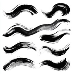 Eight black wavy brush strokes isolated on white background.