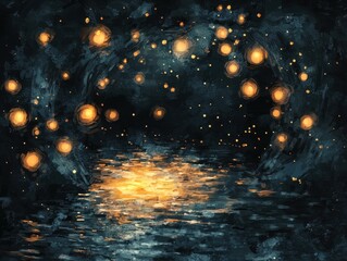 Naklejka premium A celestial river winding through a glowing valley filled with radiant cliffs. Ethereal creatures with luminous fur roam along the riverbanks, and floating orbs of light illuminate the shimmering 