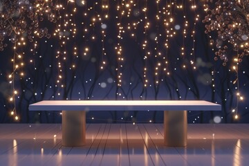 Elegant Table with Glowing String Lights in a Dark Romantic Setting
