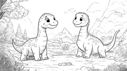 Delightful dinosaurs enjoying a playful moment in a lush prehistoric landscape for coloring fun