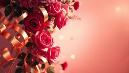Elegant Valentine&rsquo;s Day background, a luxurious scene with flowing gold ribbons intertwined with blush pink and red roses cascading from the top left corner
