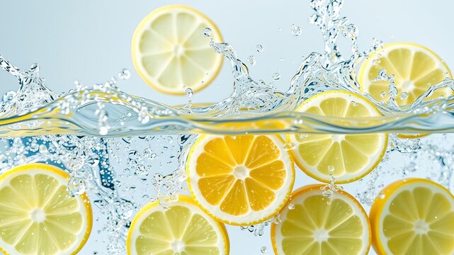 Fresh ripe sliced citrus lemon slices surrounded by splashes of water, creating a vibrant and refreshing healthy fruit banner, vibrant, water