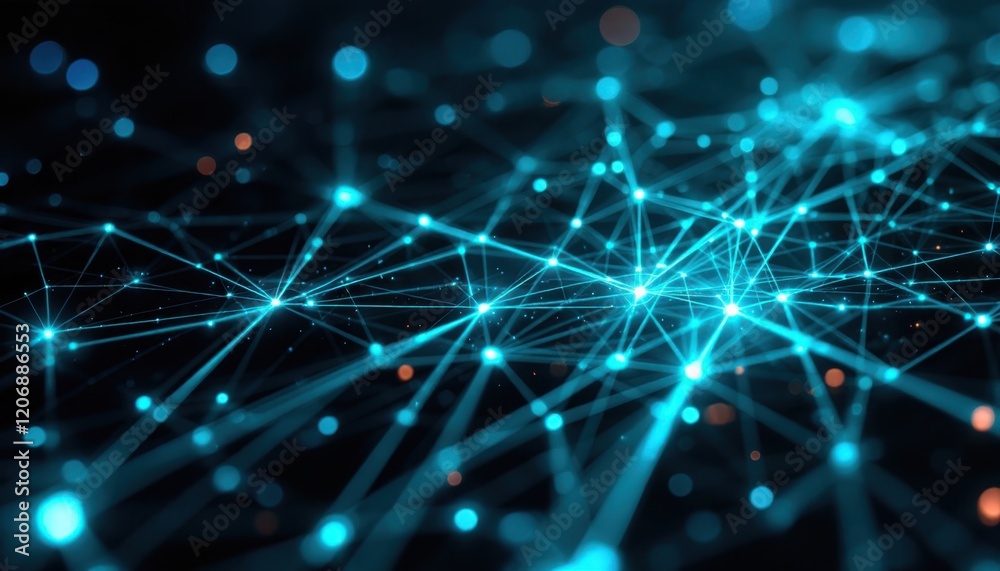 Poster glowing blue network of interconnected nodes and lines in a digital matrix