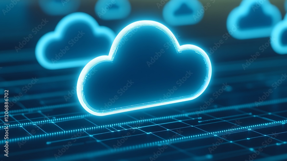 Poster digital cloud with neon glow on abstract grid background for technology and data storage concepts