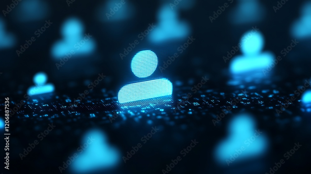 Poster digital representation of virtual users on a high-tech background with glowing blue icons and data p