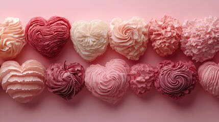 Heart-shaped decorations in different shades of pink on a pastel pink backdrop, close-up.