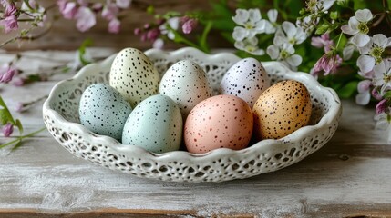 Obraz premium Beautifully arranged pastel eggs in a delicate ceramic bowl surrounded by spring blossoms during a sunny afternoon
