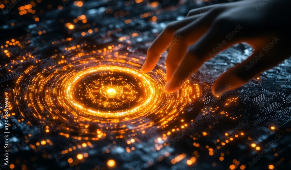 Poster Hand interacting with glowing digital circular interface.