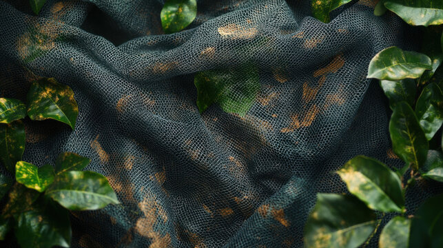 Ivy leaves creep through mesh fabric.