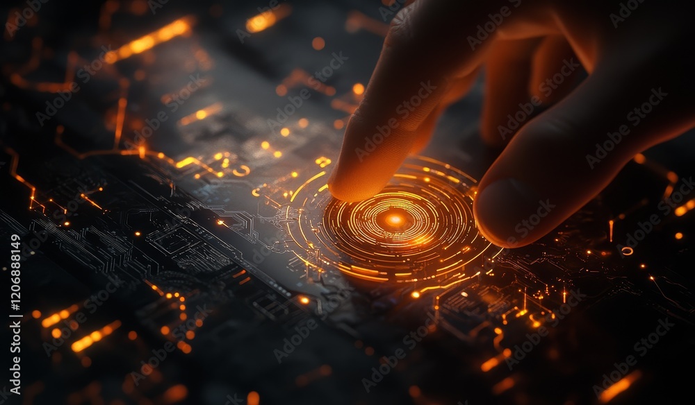 Poster Fingertip activating glowing circular interface on futuristic circuit board.