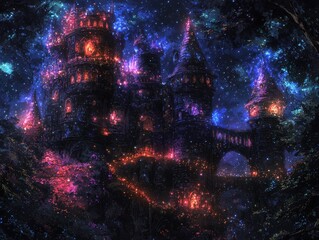 Obraz premium A floating celestial palace surrounded by radiant clouds. Glowing bridges of light connect its shimmering towers to smaller islands adorned with bioluminescent flora and cascading waterfalls 