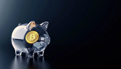 A transparent piggy bank holds a Bitcoin, symbolizing the intersection of traditional saving and cryptocurrency investment.