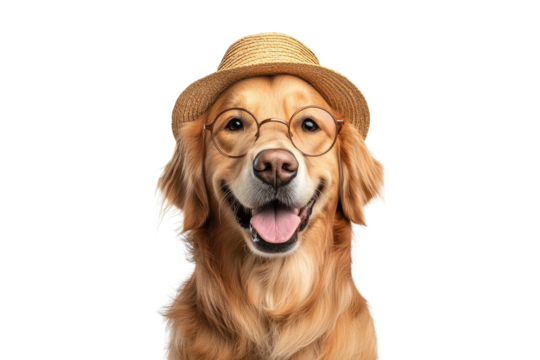 Golden retriever wearing cute round glasses and a straw hat isolated on white or transparent PNG