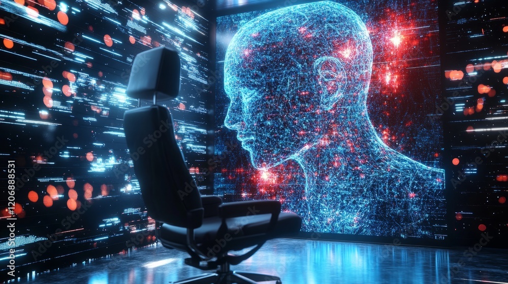 Poster ai-driven image generation on a large screen, empty chair representing the concept of ai taking over