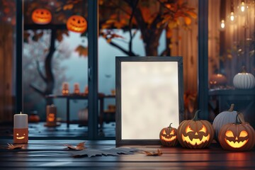 Cozy Autumn Scene with Pumpkins, Candles, and Empty Frame Display