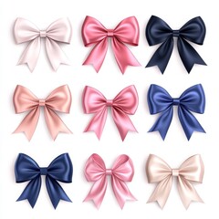 Nine realistic satin ribbon bows in various pastel colors isolated on white.