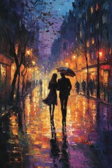 Obraz premium Romantic couple walking through a rainy city street at night, oil paint style