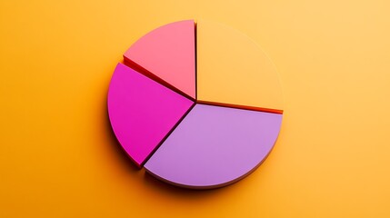Obraz premium A pie chart with three colored segments: pink, purple, and a combination of purple and yellow. The chart is displayed against a yellow background.
