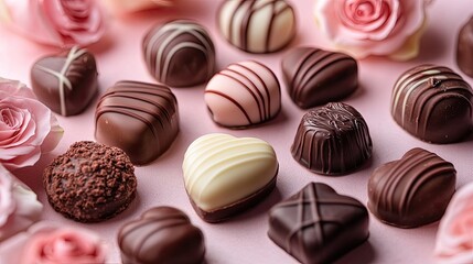 Fototapeta premium Elegantly arranged heart-shaped chocolates and roses on a soft pink background for Valentine's Day.
