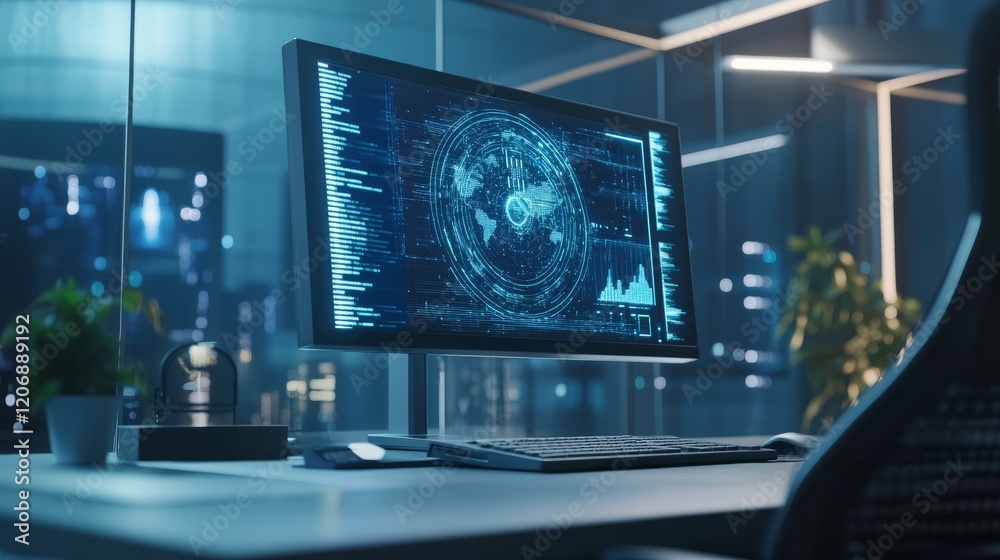 Poster home computer setup with a large screen showing an ai-generated image, empty chair reflecting ai's g