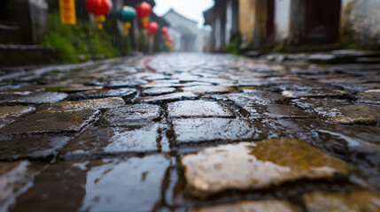 Old Cobblestone Street in Quiet Village Surrounded by Misty Atmosphere and Lanterns