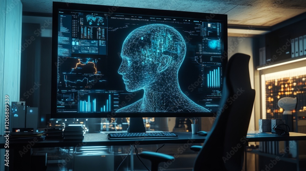 Poster home computer setup with a large screen showing an ai-generated image, empty chair reflecting ai's g